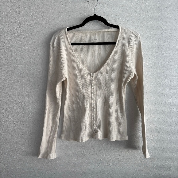 Anthropologie White Long Sleeve Ribbed Button Up V-Neck Sweater Top - Picture 1 of 5